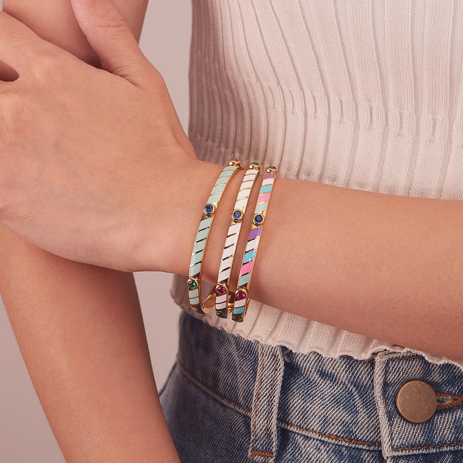Light luxury design titanium steel candy colour striped inlaid zirconia stainless steel bracelet ladies fashion stackable color