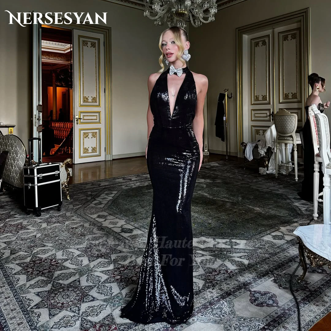 Nersesyan luxe paillettes sirène noir robes de soirée épaules nues paillettes robe formelle moulante brillant robes de soirée personnalisé