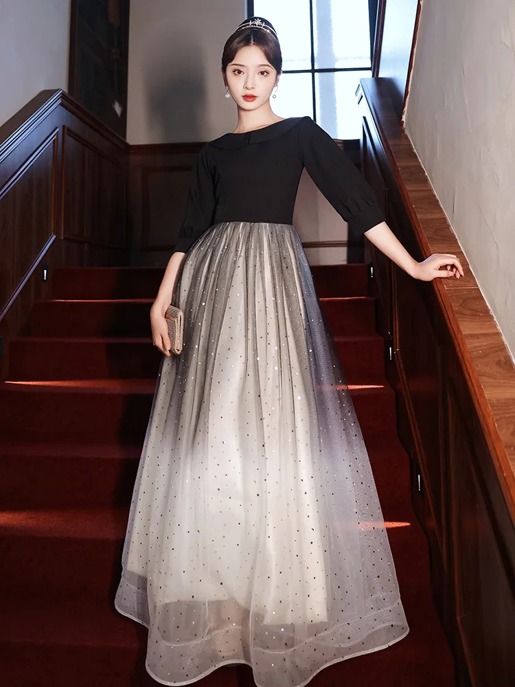 

Black Gradient Evening Dress Elegant Half Sleeves Sweet Doll Collar Quinceanera Dresses Fashion Sequins A-Line Homecoming Gown
