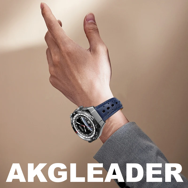 AKGLEADER Perforated Cowhide leather Butterfly clasp watch band for Huawei Watch GT 5Pro 4Pro 46mm band for 22mm 26mm strap band