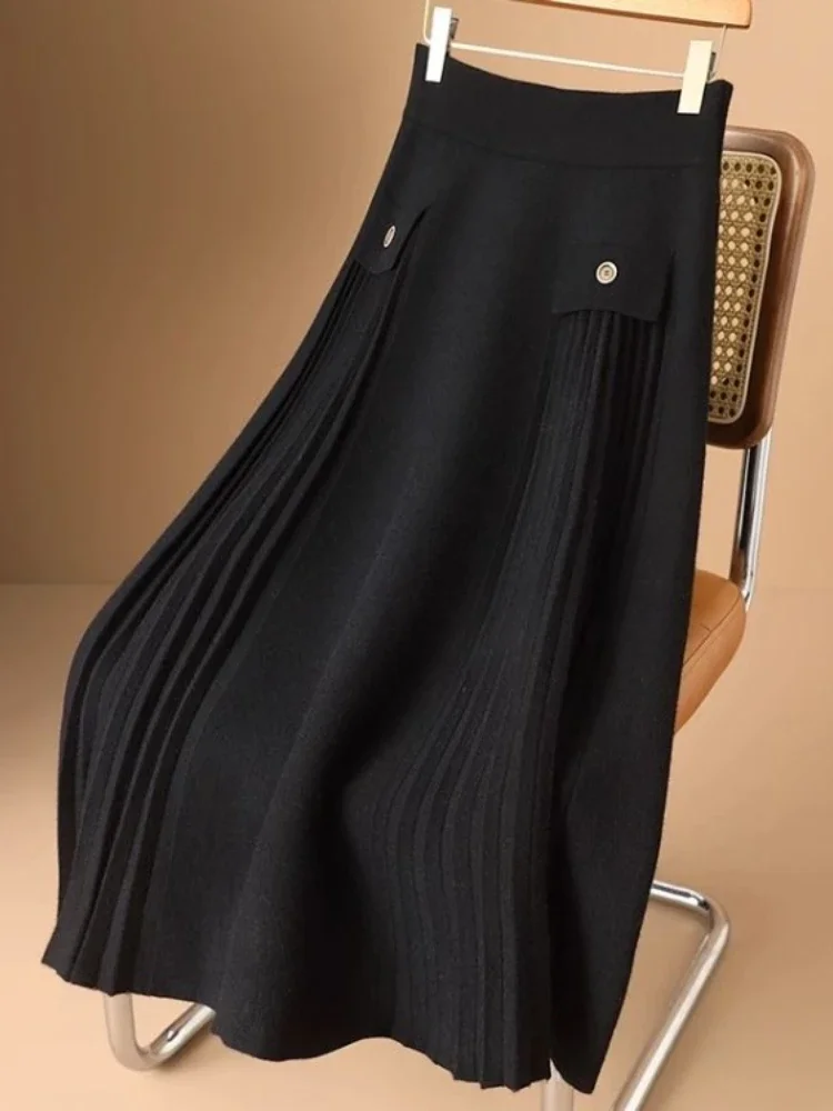 Vintage Skirts For Women High Waist A-line Jupe 2026 Faldas Mujer De Moda Thicked Korean Loose Saia Knitted Pleated Long Skirt