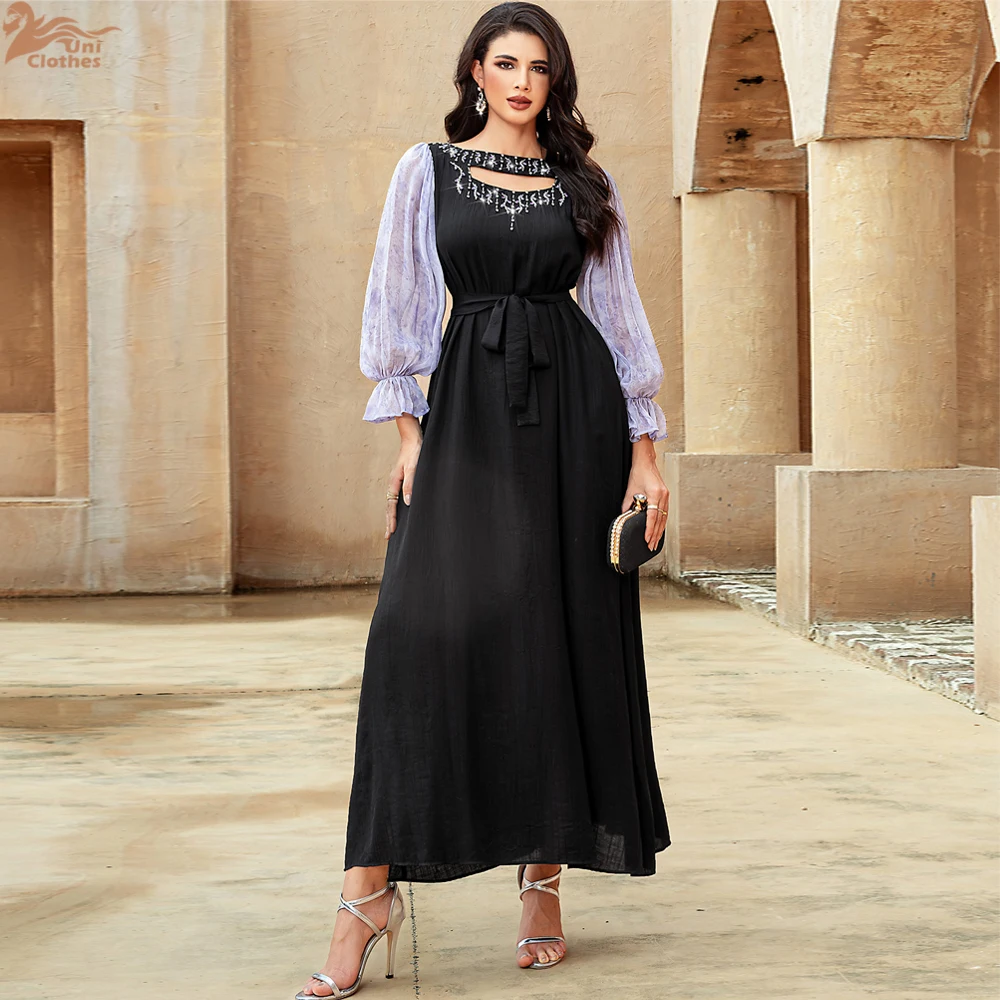 

Eid Mubarak Dubai Diamonds Print Abayas for Ramadan Women Muslim Dress Kaftan Djellaba Islam Clothing Jalabiya Morocco Caftan