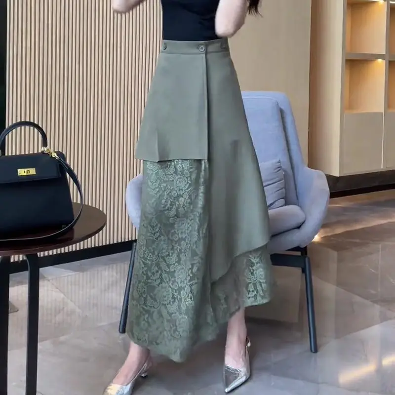 

2025 Summer Army Green Lace Patchwork Wrap Skirt for Women High Waist Trendy Versatile Elegant Aesthetic Midi Skirt Fashion