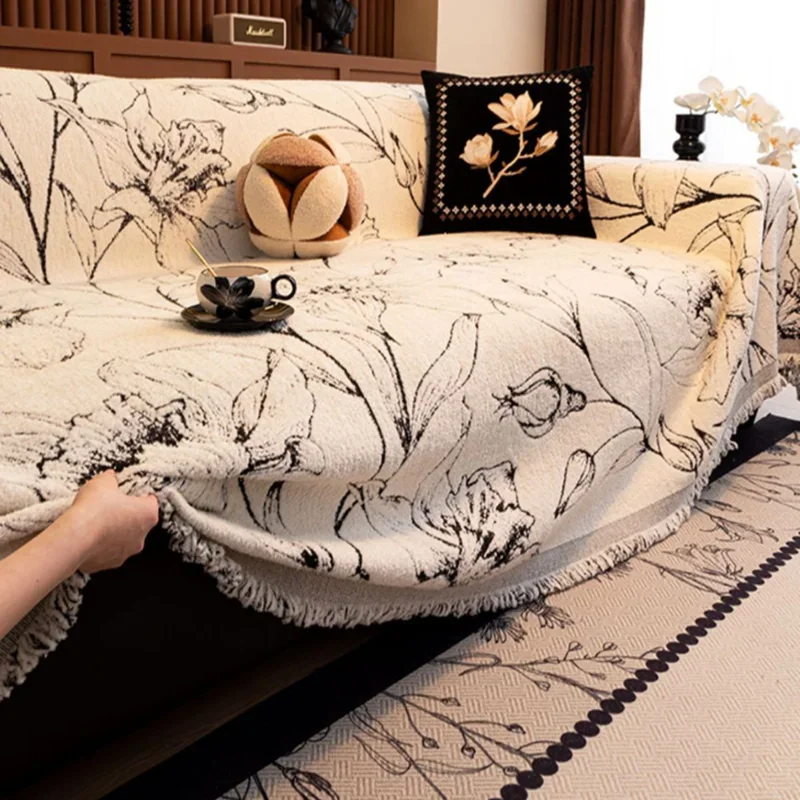 Half Fleece Flower Sofa Cover with Tassels Non Shedding Autumn Winter Sofa Blanket Towel Anti-Dirt Couch Cushion for Living Room