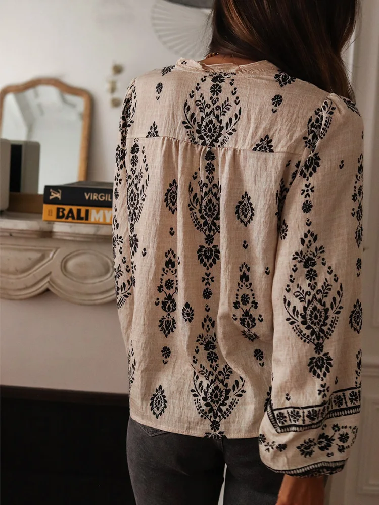 Casual Printed Lace Round Neck Long Sleeve Cardigan Shirt Women 2025 Summer Loose Retro Button-up Shirt Top Women