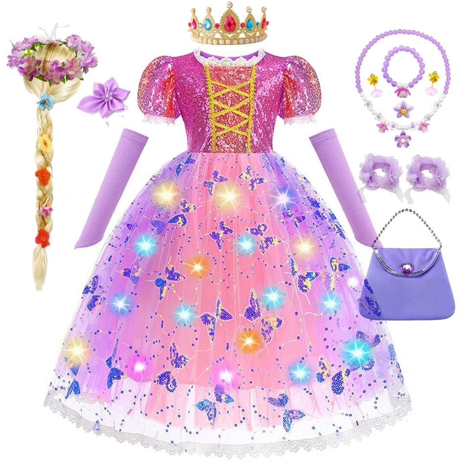 Girl Rapunzel Dress LED Light Up for Girls Kids Cosplay Party Clothes Carnival Evening Dresses Christmas Halloween Prom Gown