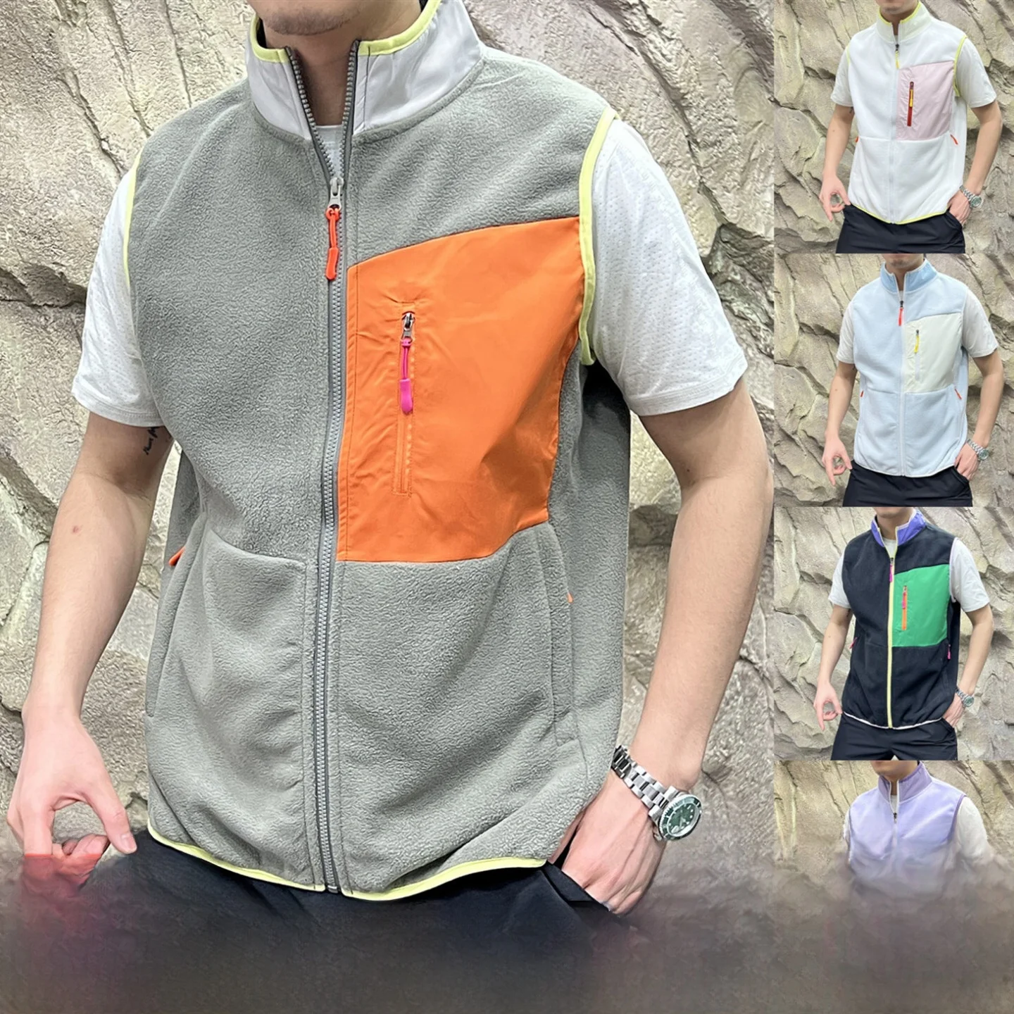 

3D Color Blo ket Fce Vest Stand Collar ex Inner Wear Stand Fit Zipper Closure Color Casual Youth Faion