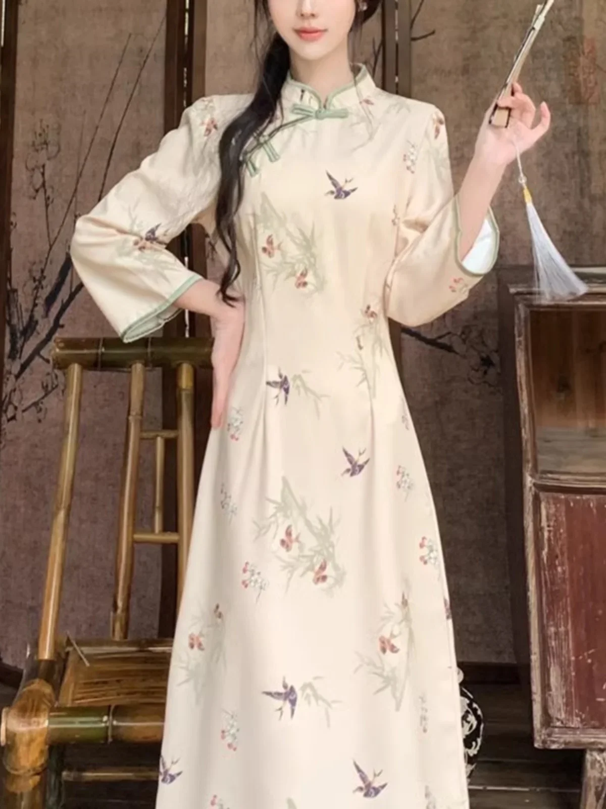 Vestido chinês Cheongsam com Hanfu, saia elegante de linha A, novo, tamanho máximo 4XL, outono