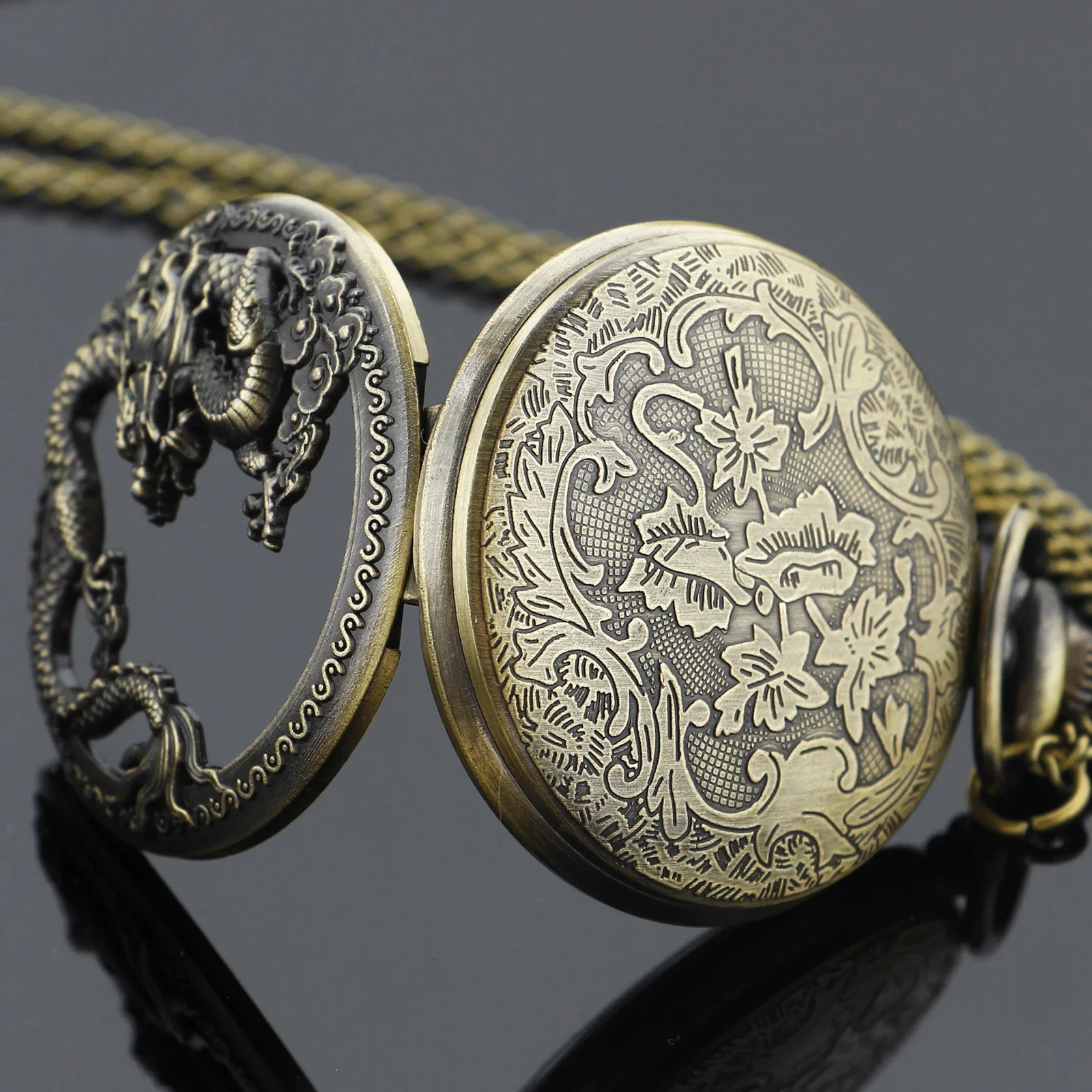 Vintage Steampunk Flying Dragon Embossed Hollow Digital Quartz Pocket Watch with Necklace Pandent Exquisite Gift for Male Women