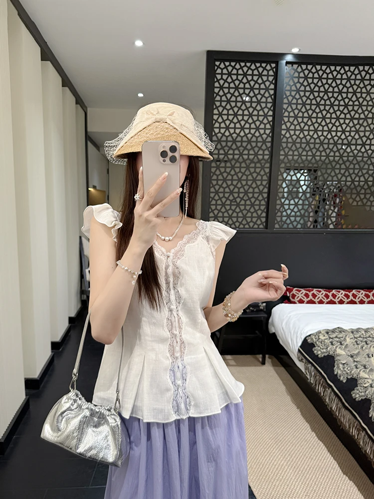 

Белая льняная шелковая блузка с кружевом и коротким рукавом, романтичная, дышащая, летняя, 2025, для повседневной носки, приталенная, с V-образным вырезом, короткий рукав