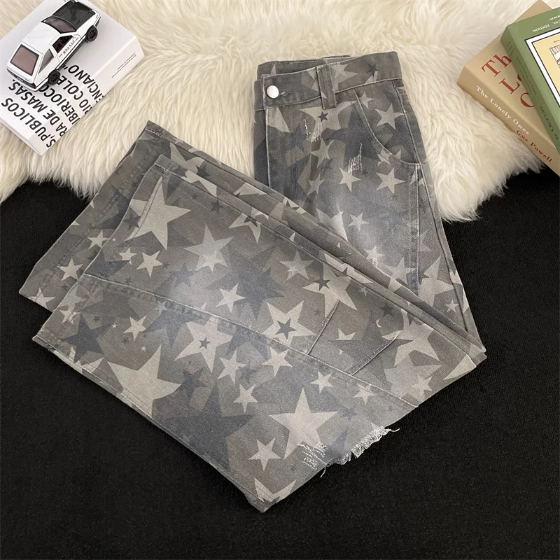 

American Star Pattern Jeans For Men Spring Autumn Full Print Camouflage Denim Pants Casual Fashion Retro Wide Leg Trousers