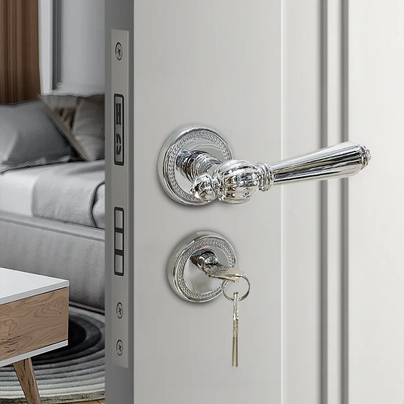 

American bright chrome bright silver split door lock indoor bedroom door handle mute magnetic lock folio wooden door lock
