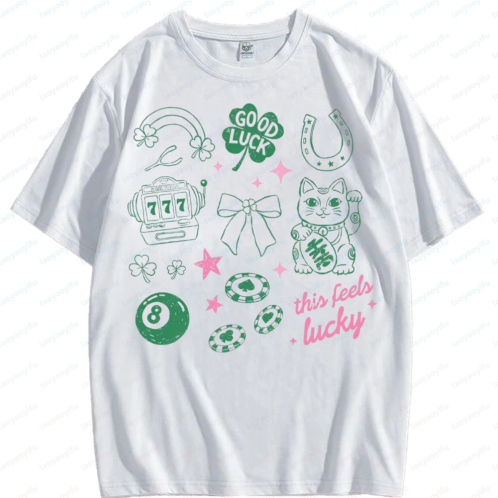 

Hot Sale Lucky Shirt Y2K Bow Print T-Shirt High Quality Cotton Women Casual Street Fashion Breathable O-neck Tops