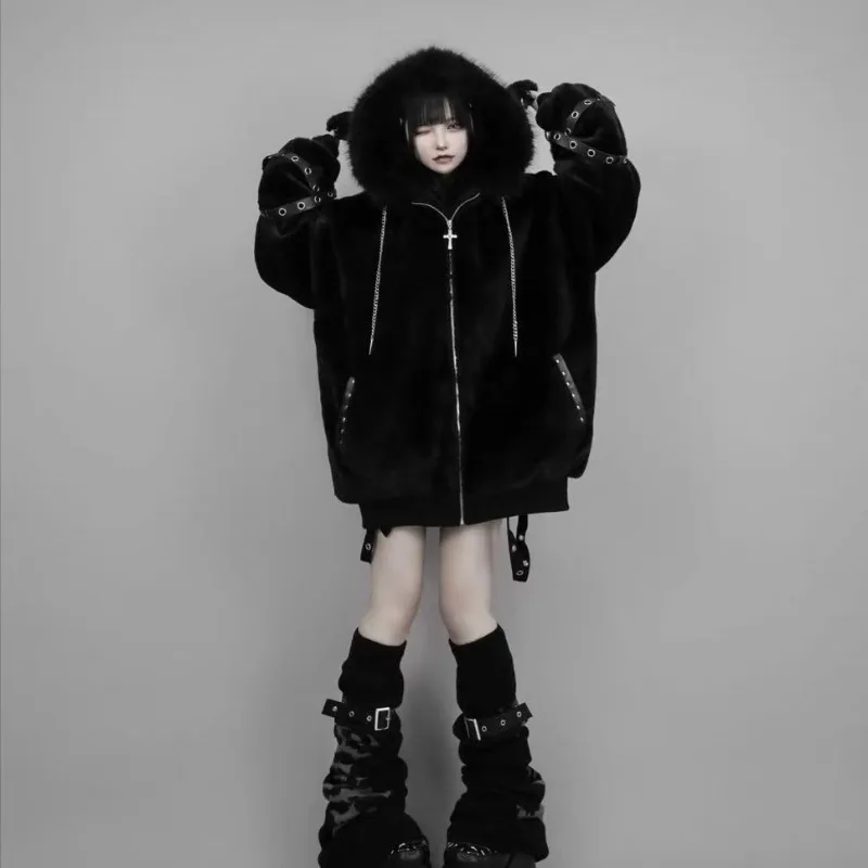 Japanese Vintage Y2K Subculture Punk Hoodie Winter New Harajuku Flocking Design Coat Women's Gothic Fashion Loose Zipper Outwear