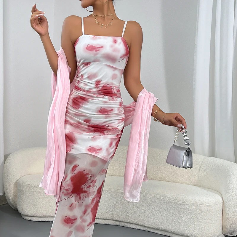 

New Trendy Sleeveless Long Dress Lady Tie Dye Graphic Elegant Wrap Hips Midi Party Wedding Elegant Party Suspender Dresses Woman