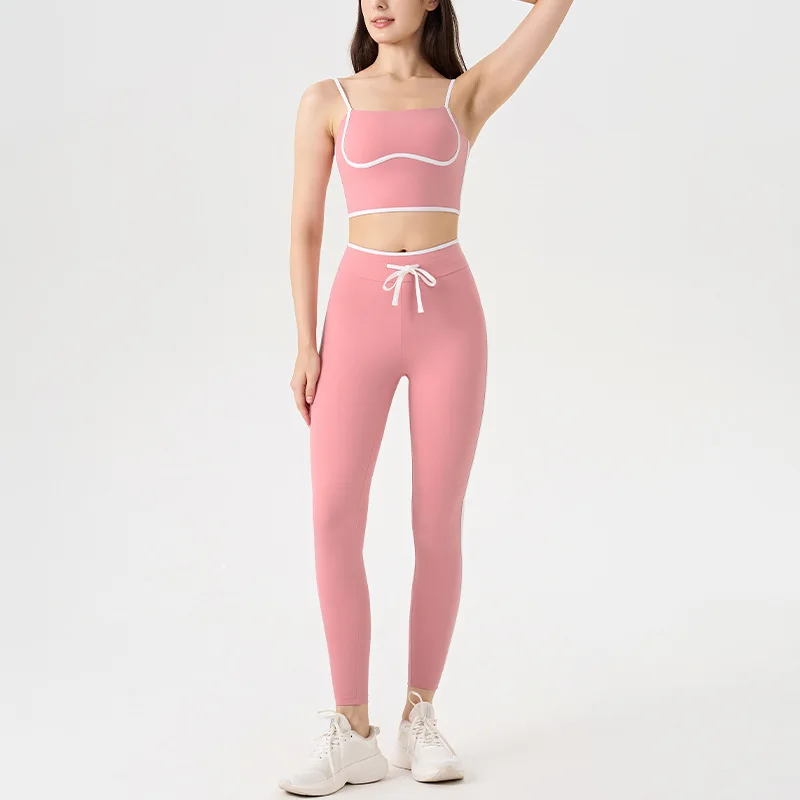 

New Women Yoga Set Contrast Color White Strip Running Drawstring Pants Shorts Sports Underwear Bra Running Fitness Set