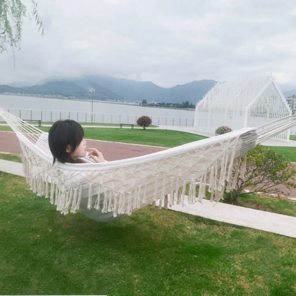 أرجوحة كبيرة مزدوجة فاخرة على طراز بوهو مع شرابات منسوجة 2 شخص أرجوحة سميكة للترفيه من القماش كرسي متأرجح للمنزل #4