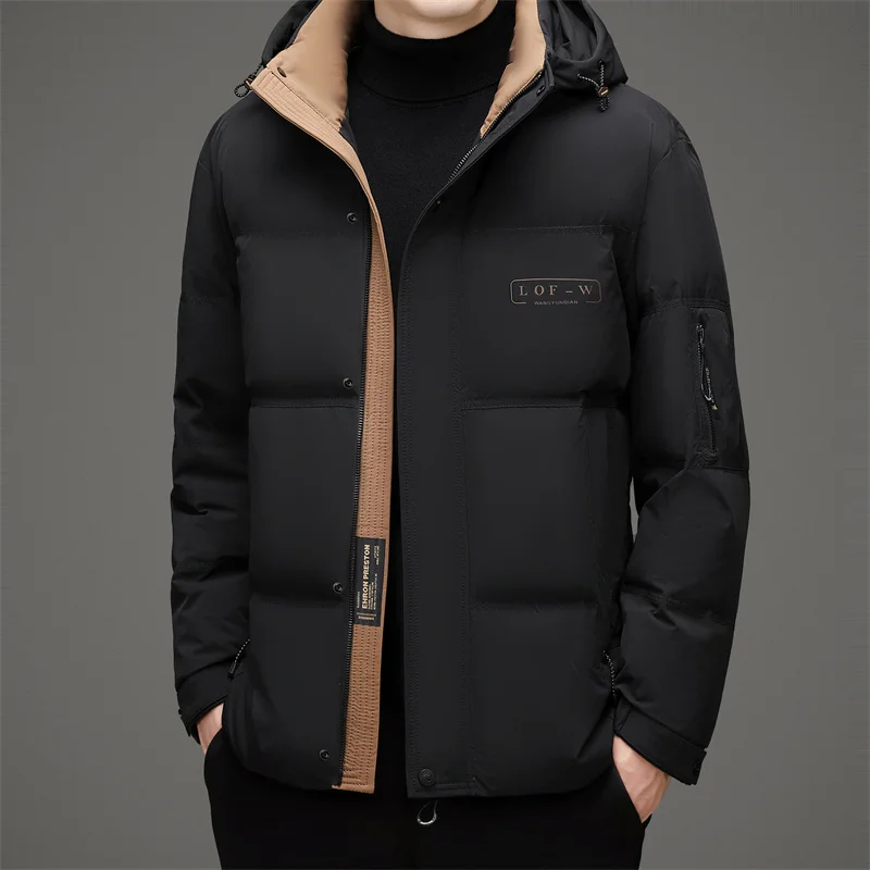 Winter Men Black Beige Puffer Parkas Thermal Thick Hooded Coat Male Casual Cosy Outerwear White Down Puff Overcoat Male Outfits