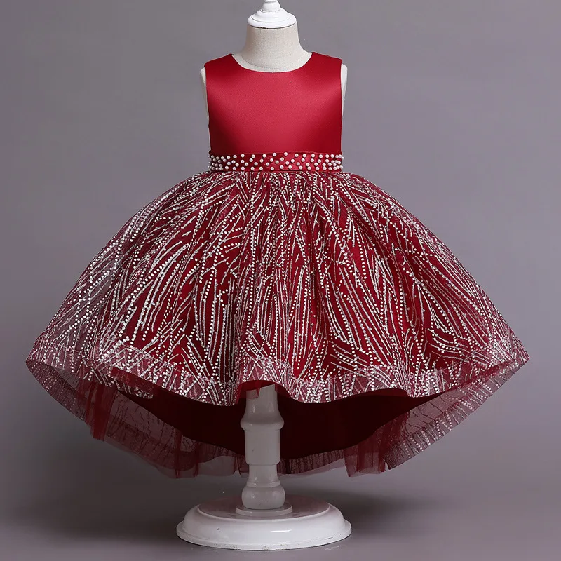 Girls Sleeveless Satin Pearl Sequins Tulle Princess Dress For Children Birthday Party Wedding Pageant Formal Ceremony Prom Gown