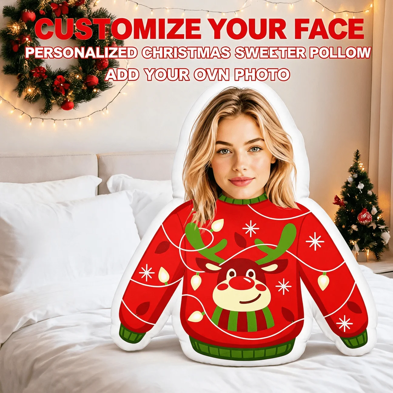 Custom Personalized Photo Face Pillow, Red Holiday Sweater Style Custom Shaped Decorative Cushion, Unique Home Decor Accent for