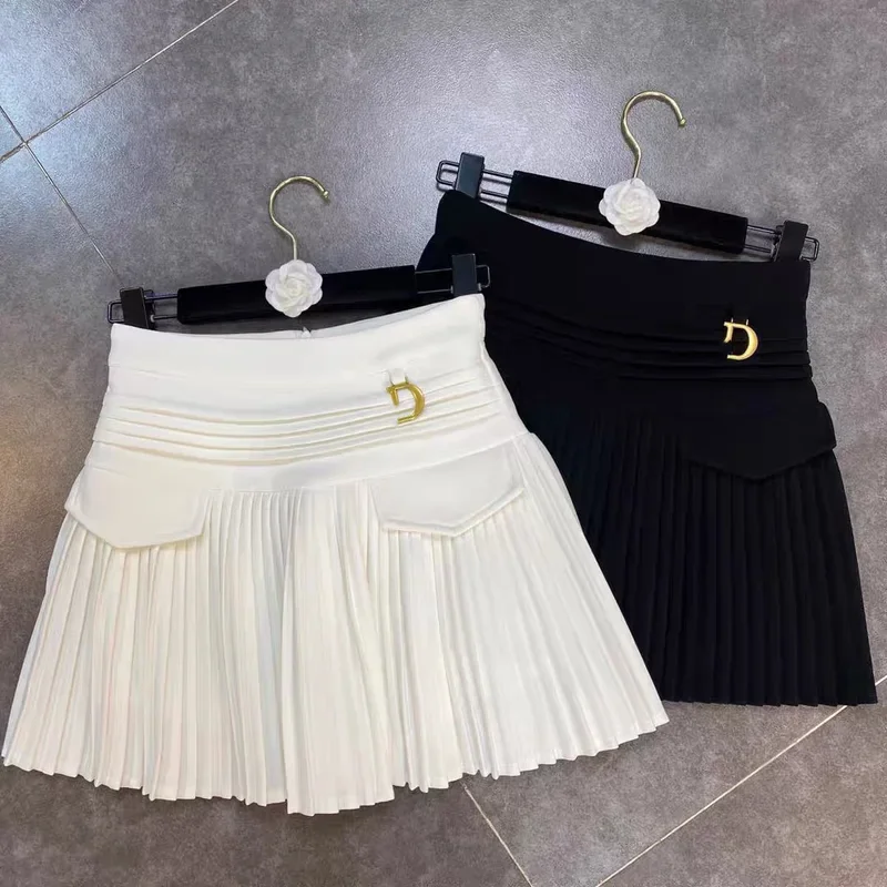 Autumn fashion 3-15 white black teen Girls Golden Velvet pleated Skirt Letter Metal Buckle Double Korean Edition draped skirt