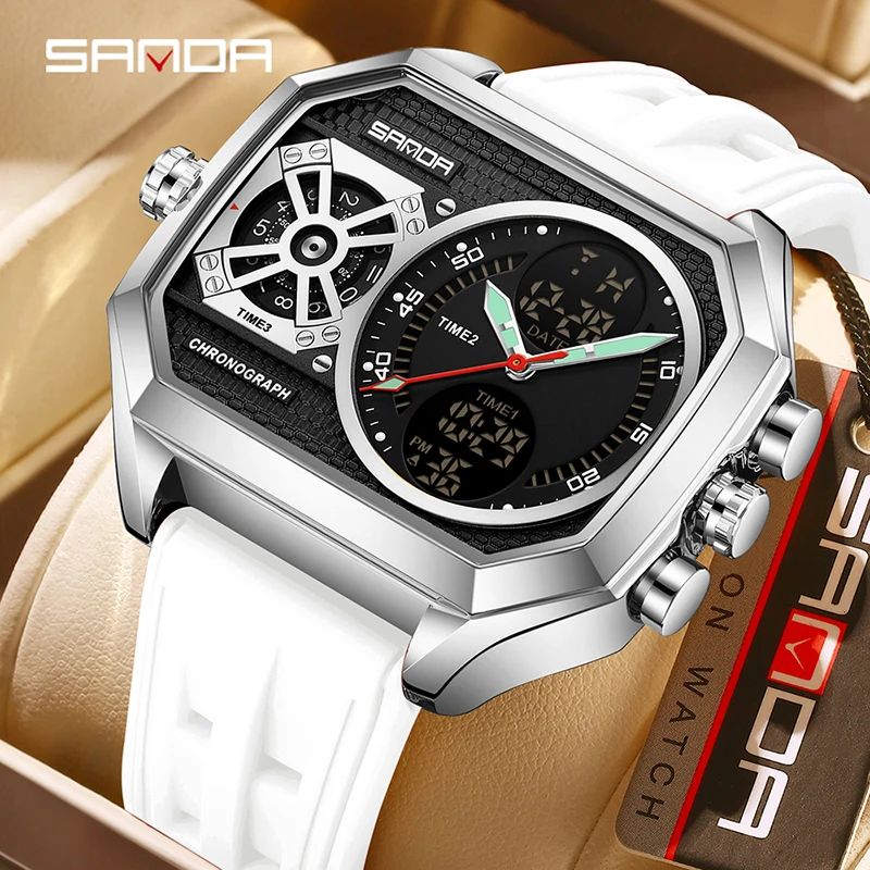 

SANDA 6319 Trendy Mech Style Multifunctional Men's Dual Display Watch 5ATM Waterproof and Shockproof Luminous Silicon Tape