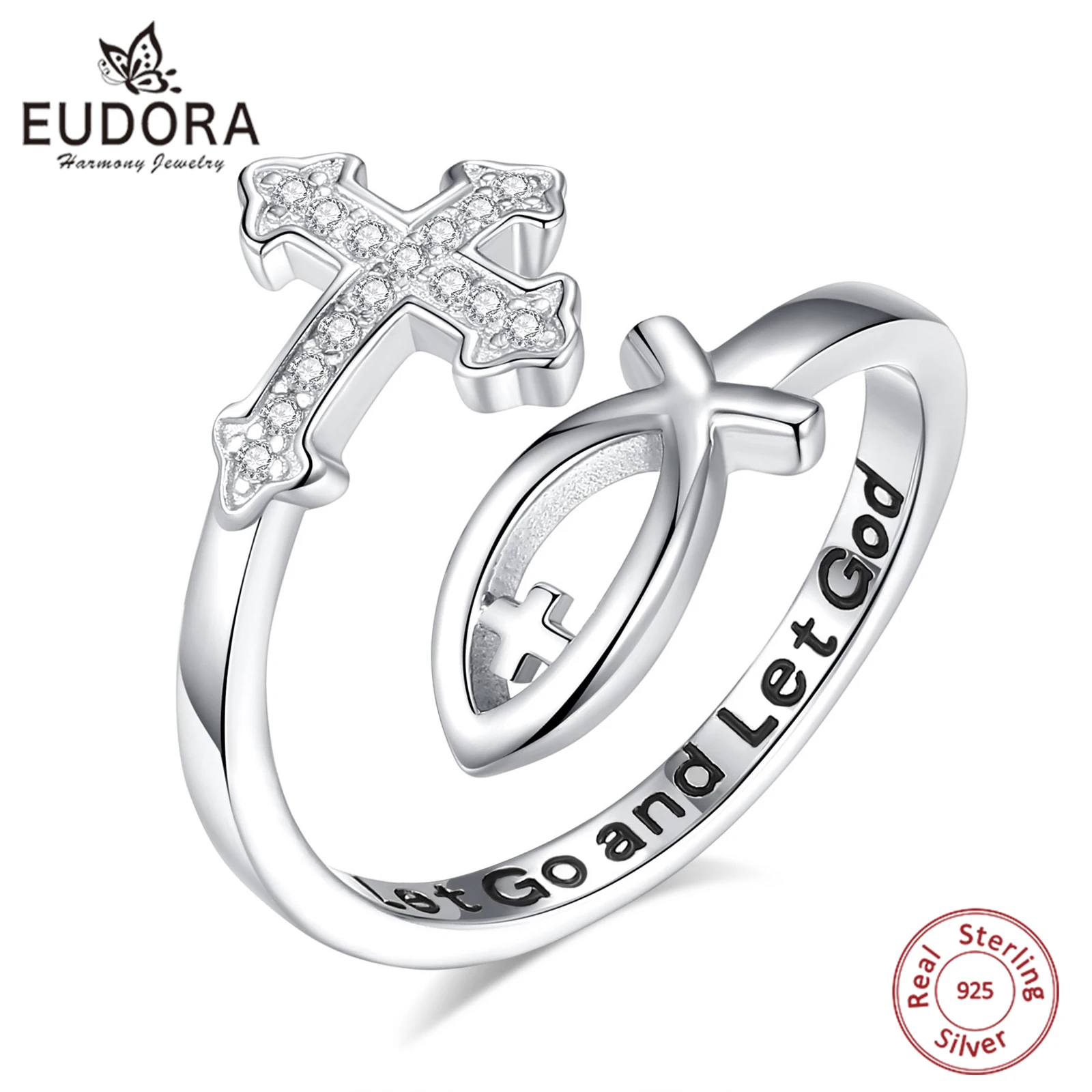 Eudora 925 Sterling Silver Cross Jesus Fish Adjustable Ring for Women Christian Blessed Cross Ichthus Ring Jewelry Gift for Mom