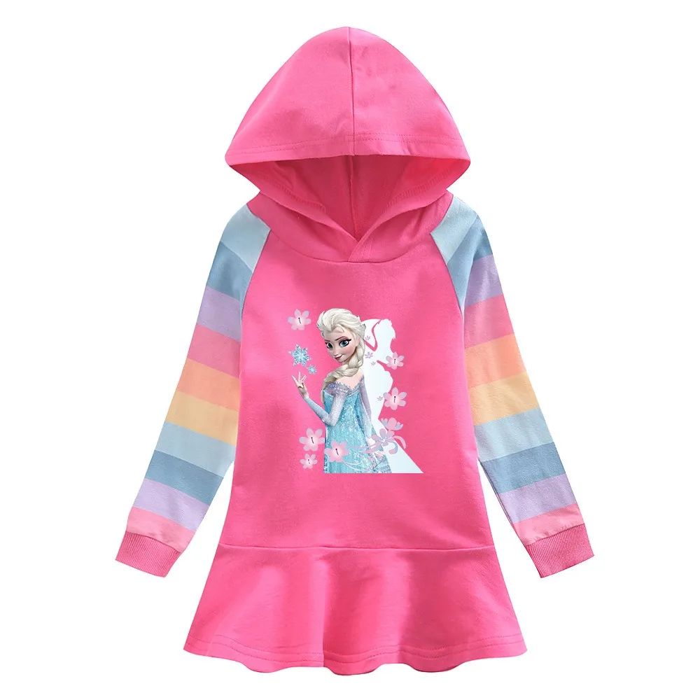 Disney Quality Cotton Girls Dress Frozen Elsa Autumn Spring Clothing for Children Pink Long Sleeve Kids Clothes Hooded 2-8T