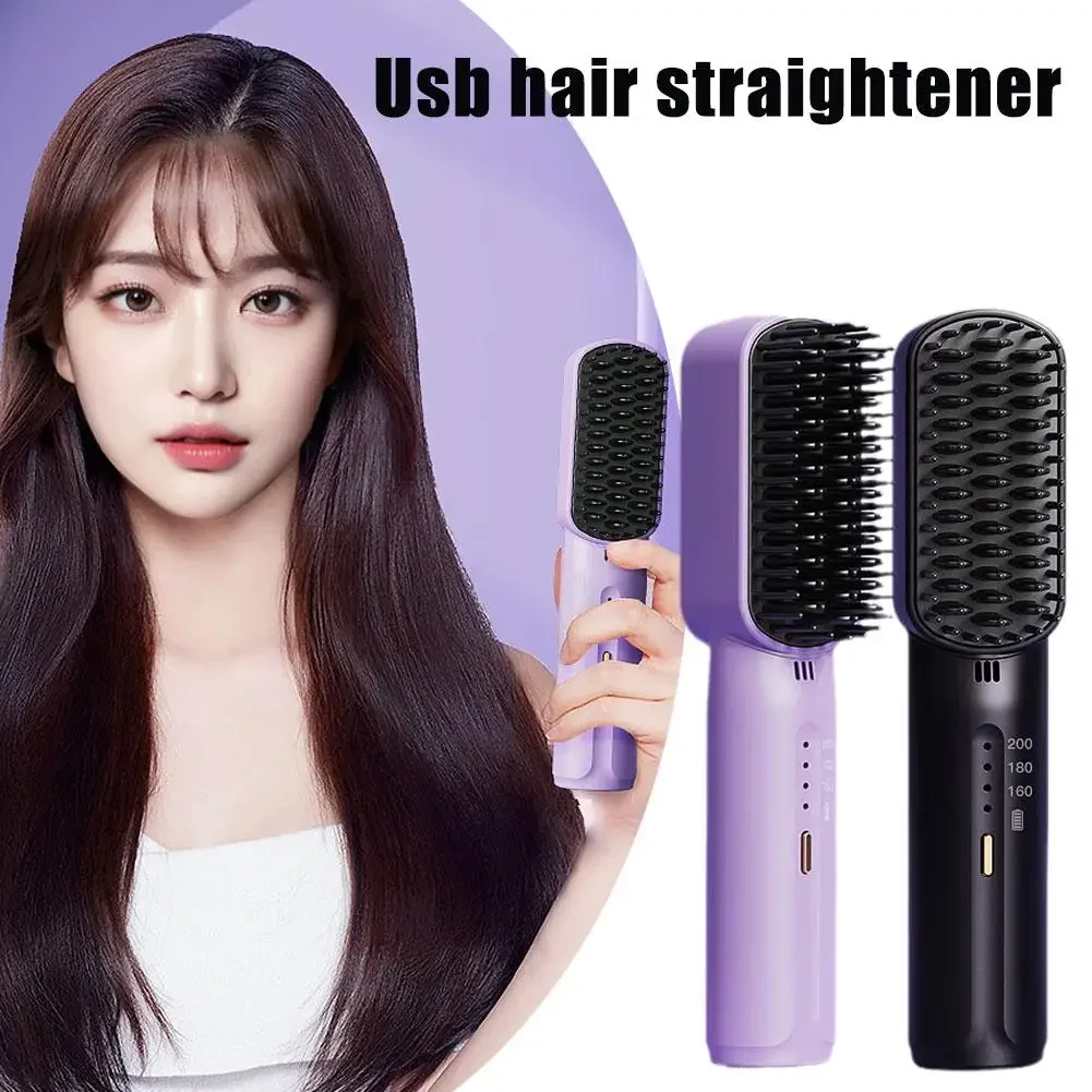 Lazy Hair Straightener Wireless Hair Hot Comb Mini USB Rechargeable Fast Heating Straightening Brush for Home Travel