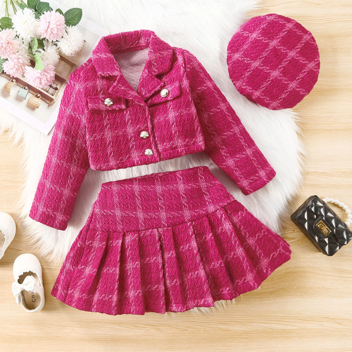 Fashion Kids Girls Spring 3 Piece Outfits Long Sleeve Cropped Blazer Coats + Pleated Mini Skirt+Beret Hat Party Plaid Sets