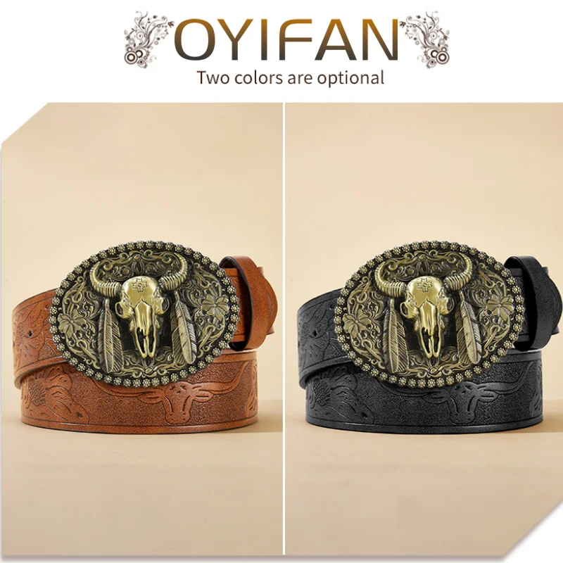 Western Cowboy PU Leather Belt - Men Waist Strap Bull Decoration Floral Engraved for Jeans