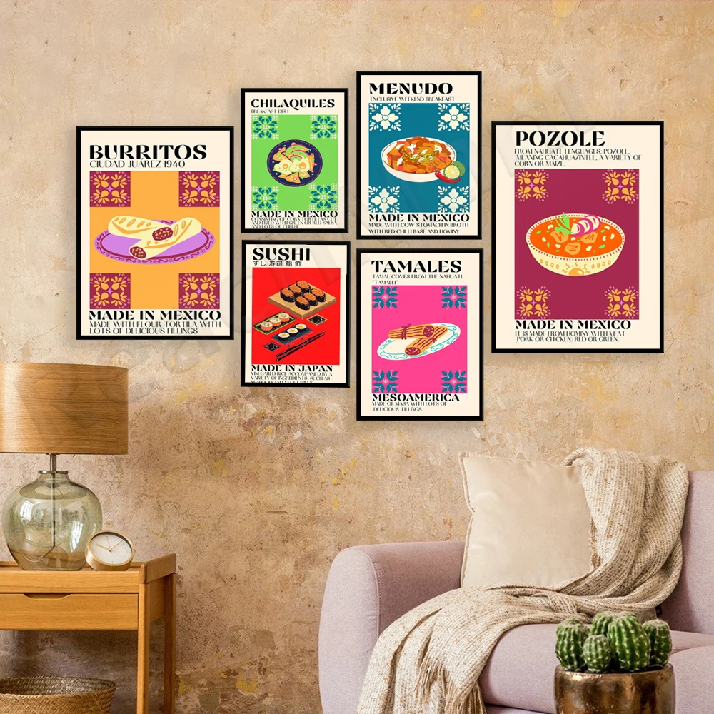 Italian Mexican Japanese cuisine, noodles, sushi, tamales, sausage pizza, burritos, tacos, quote. Kitchen food home decor poster