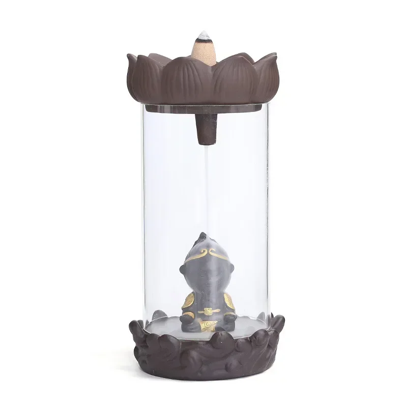 1pc, Ceramic Backflow Incense Burner with Monkey King Figurine and Acrylic Windproof Cover Home Decorations (Without Incense）
