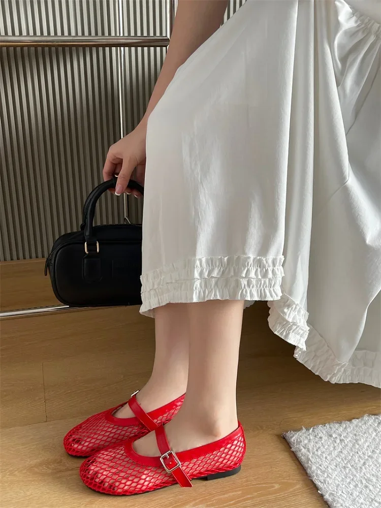 Eilyken Summer Designer Cosy Mesh Heels Women Flat Shoes Fashion Round Toe Buckle Strap Casual Outdoor Dress Sandals
