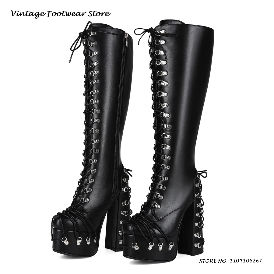 

Сапоги до колена на платформе в стиле панк с заклепками и перекрестной завязкой, обувь для косплея на массивном каблуке с круглым носком, женские всесезонные модные высокие сапоги