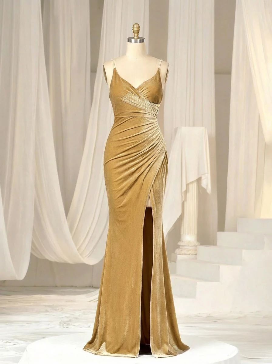 Vestido de noche largo francés Sexy de gama alta para mujer, vestido de tirantes finos con escote en V y espalda descubierta, vestido elegante para banquete