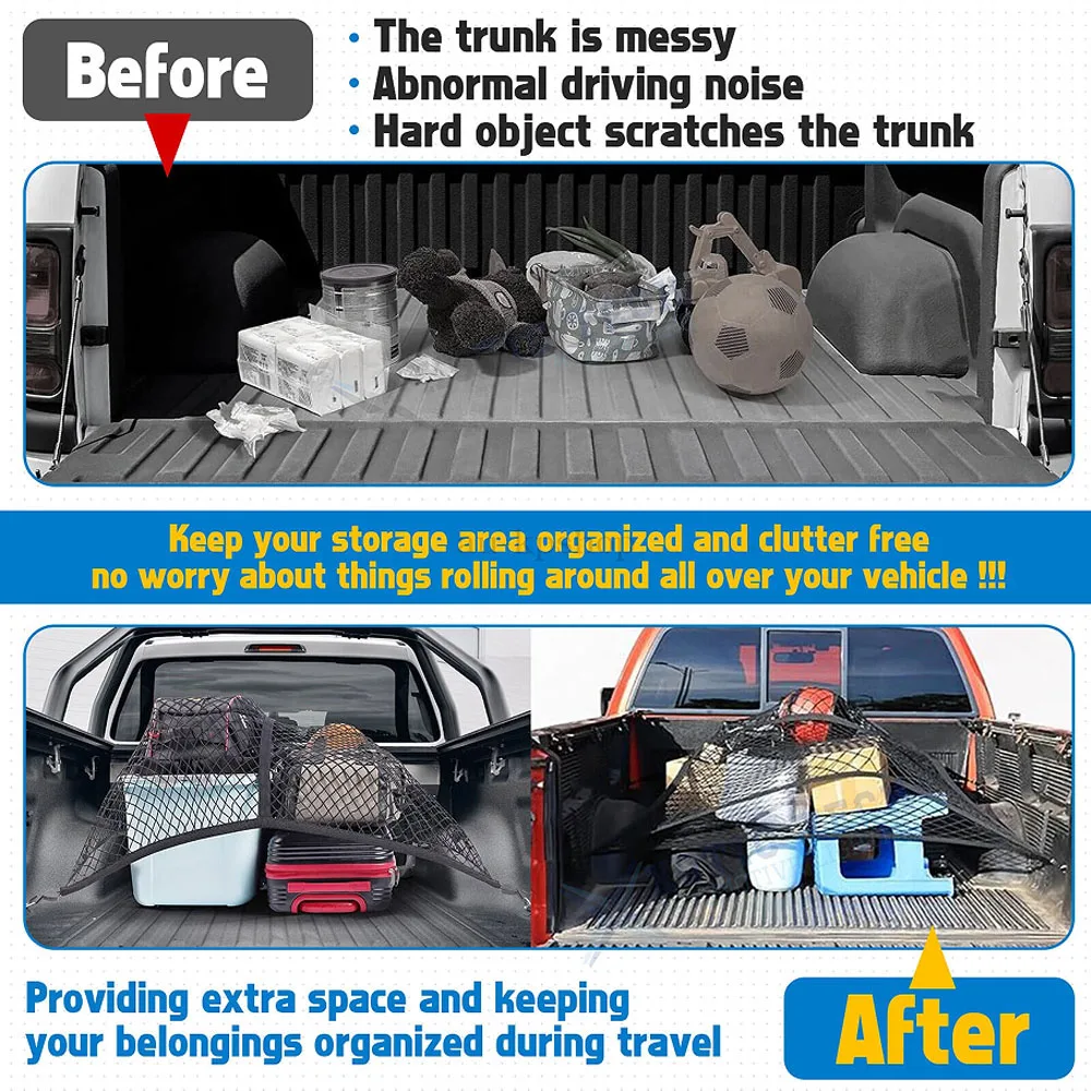 Universal Large Car Cargo Net with 6 Hooks Elastic Mesh Luggage Cargo Storage Pickup Net for Van SUV Truck Mesh Network Pocket