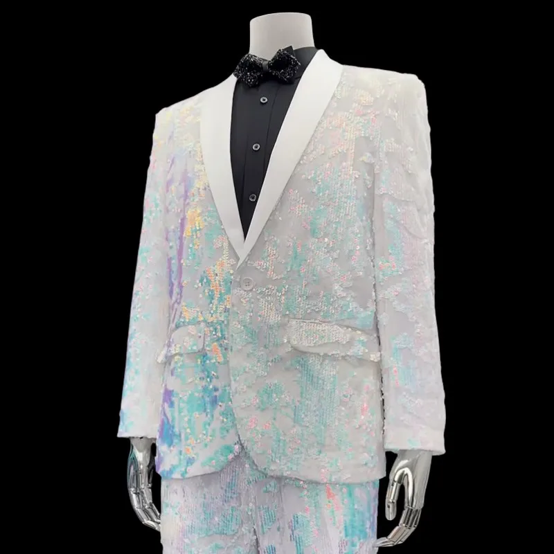 

Men's Wedding Blazer Shiny White Velvet Sequins Suit Jacket Bar Stage Singer Host Banquet Formal Tuxedo Groom Photograph Blazers