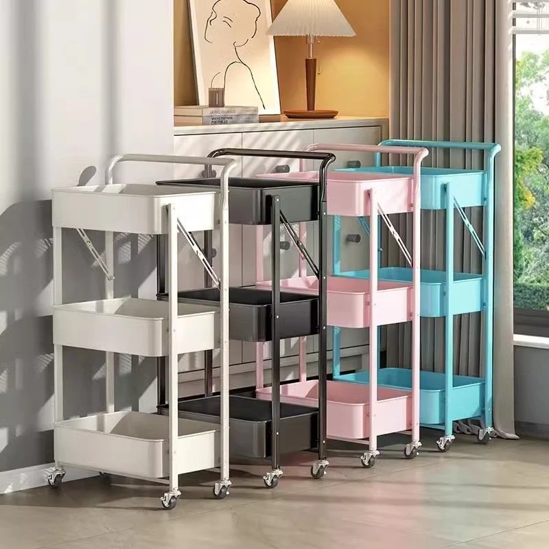 Foldable household independent stackable shelf foldable storage rack mobile organizer kitchen display rack shelf with wheels
