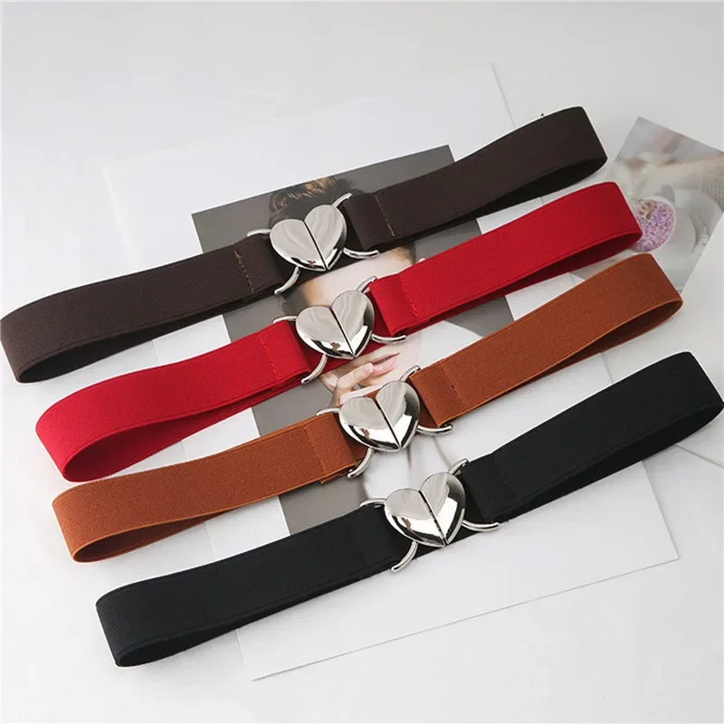 1PC Women Elastic Belts Love Heart Metal Buckle Waist Dress Coat Sweater Decorative Elegant Exquisite Waistband Accessories