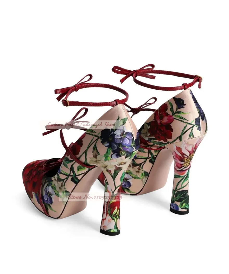 Multi-Color Flowers Printed Satin Chunky Heel Shoes Retro Style Butterfly-Knot Buckle Straps Bride Pumps Mary Jane Shoes