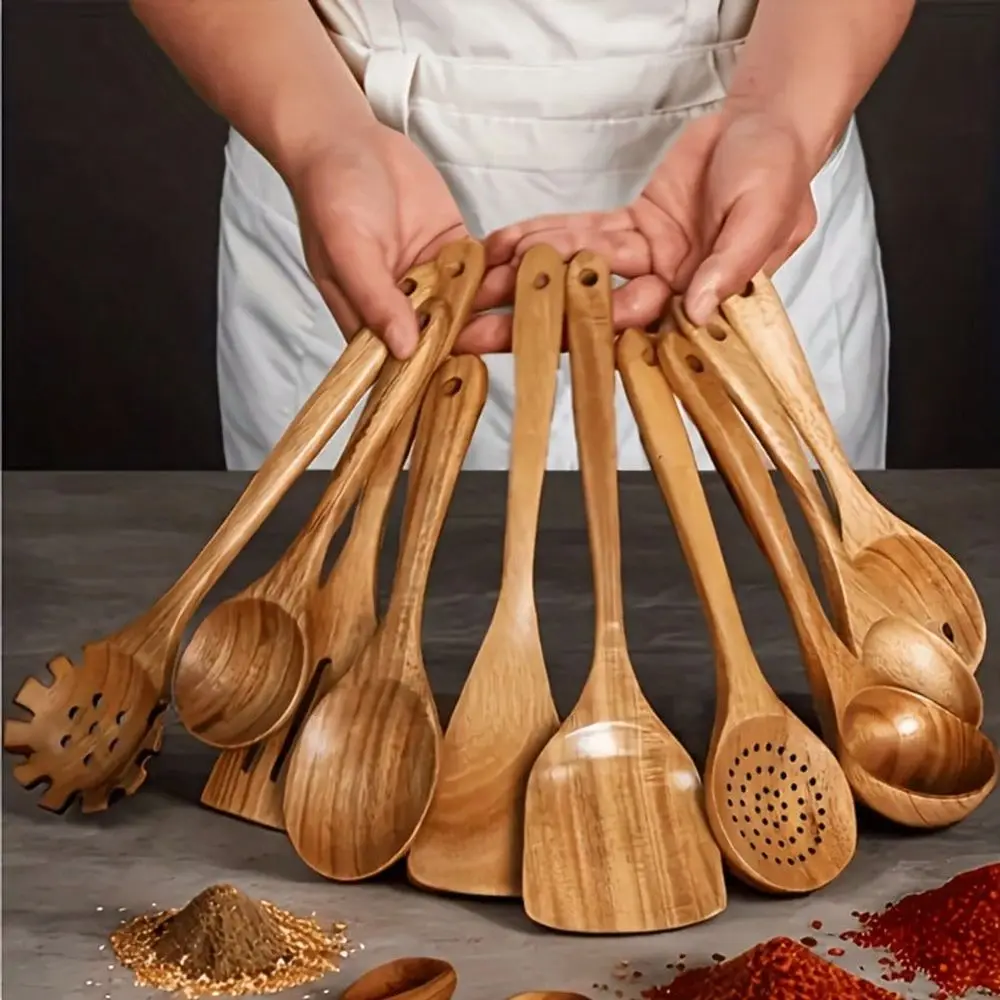 10-Piece Non-Stick Cookware Set, Wooden Kitchenware Set, Heat Resistant Up To 450°F, Includes Frying Spatula, Slotted Wo