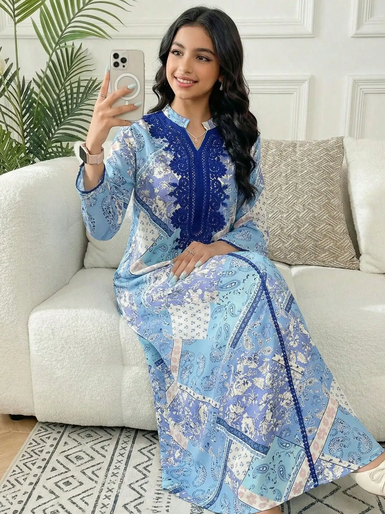 

Blue Floral Patchwork Modest Long Dress With Lace V-Neck