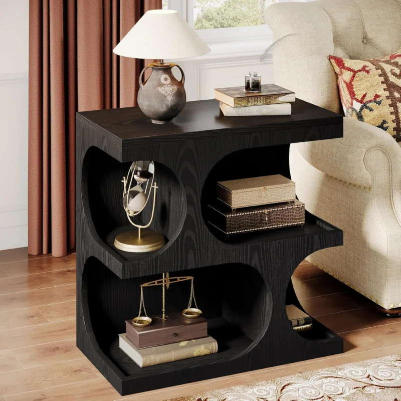 

Black End Table for Living Room, Modern S-Shape Side Tables with 2-Tier Storage Shelf, Retro Bedside Nightstands for Bedroom,