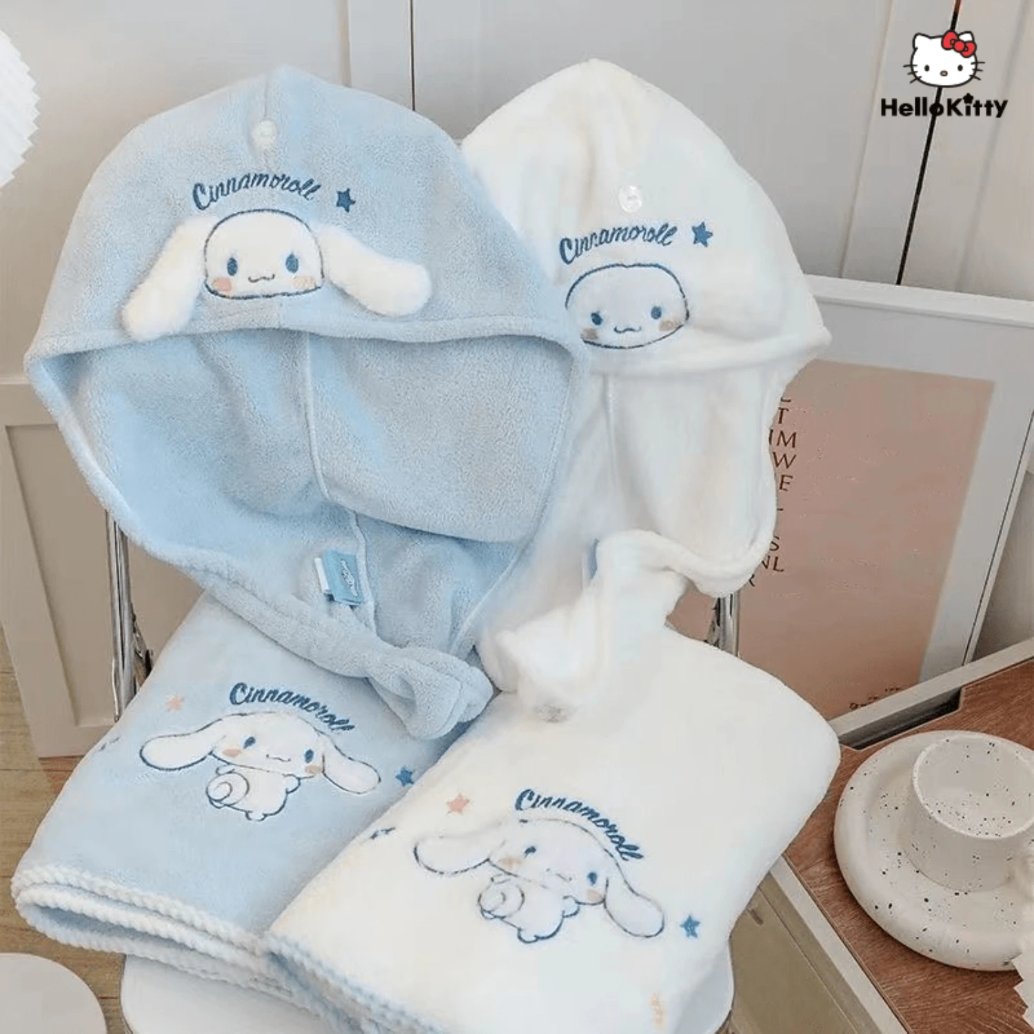 طقم مناشف حمام قطيفة من Cinnamoroll ، نمط تطريز لطيف ، ماصة وتجفيف سريع ، مجفف شعر رقيق