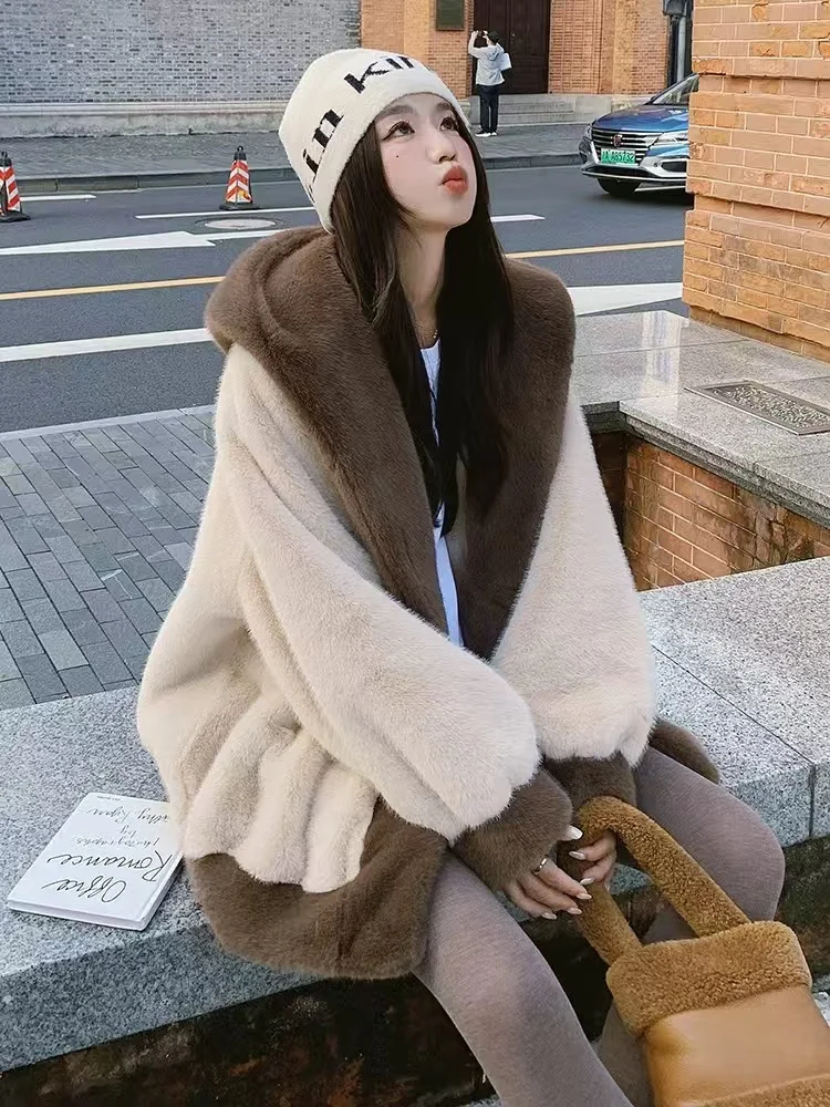 Korean Mink Velvet Fur Jacket Women's Overcoat Autumn Winter New Thick Warm Cold-Proof Coat Mao Mao Loose Hooded Cotton Jacket