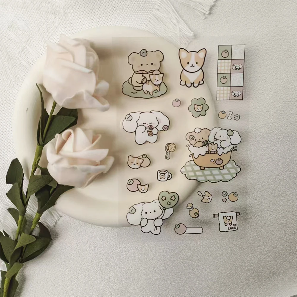 2Sheets Cute Countryside Bear and Dog Stickers Cartoon Animals Transparent Decal For Laptop Water Cup Fridge Phone PET Stickers