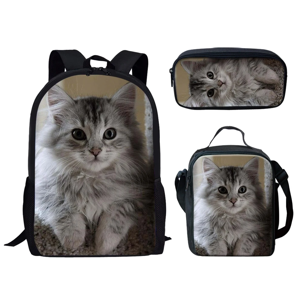 

3D Prints Kitty Cat 3 Pcs School Bags for Boys Large Capacity Child Bookbags Cute Animal School Bags Travel Aesthetic Backpack