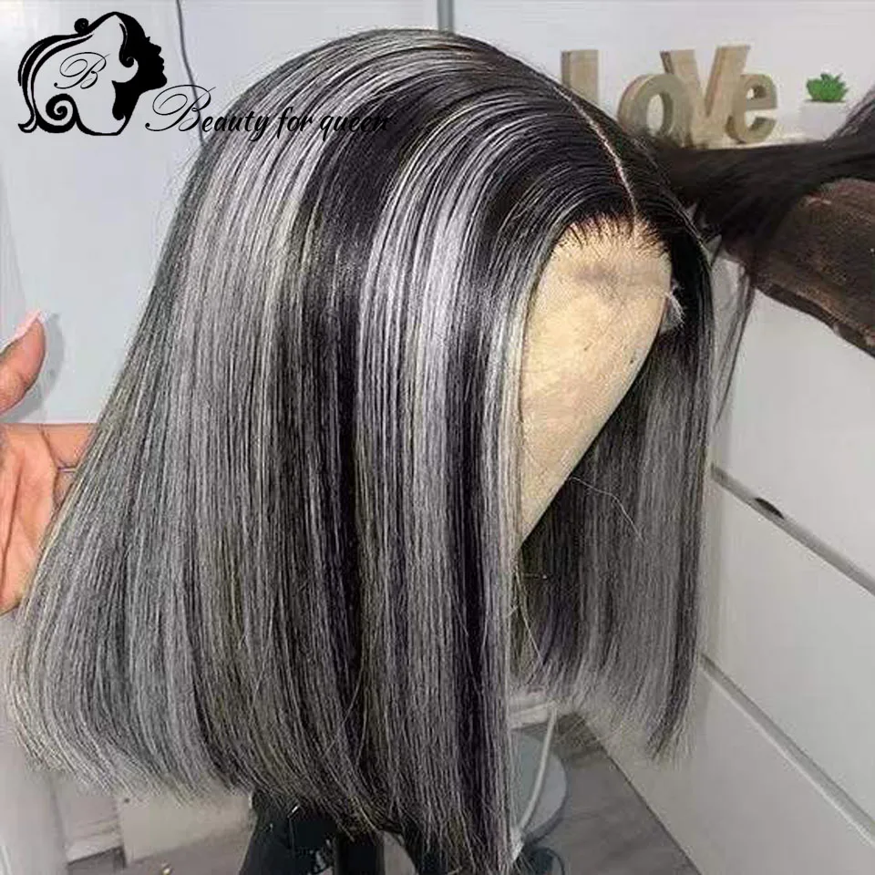 Dark Black And White Short Straight Hair Ready To Wear 180% Density Glueless Human Hair Wig  Women Beauty High Quality Top Sale view 2