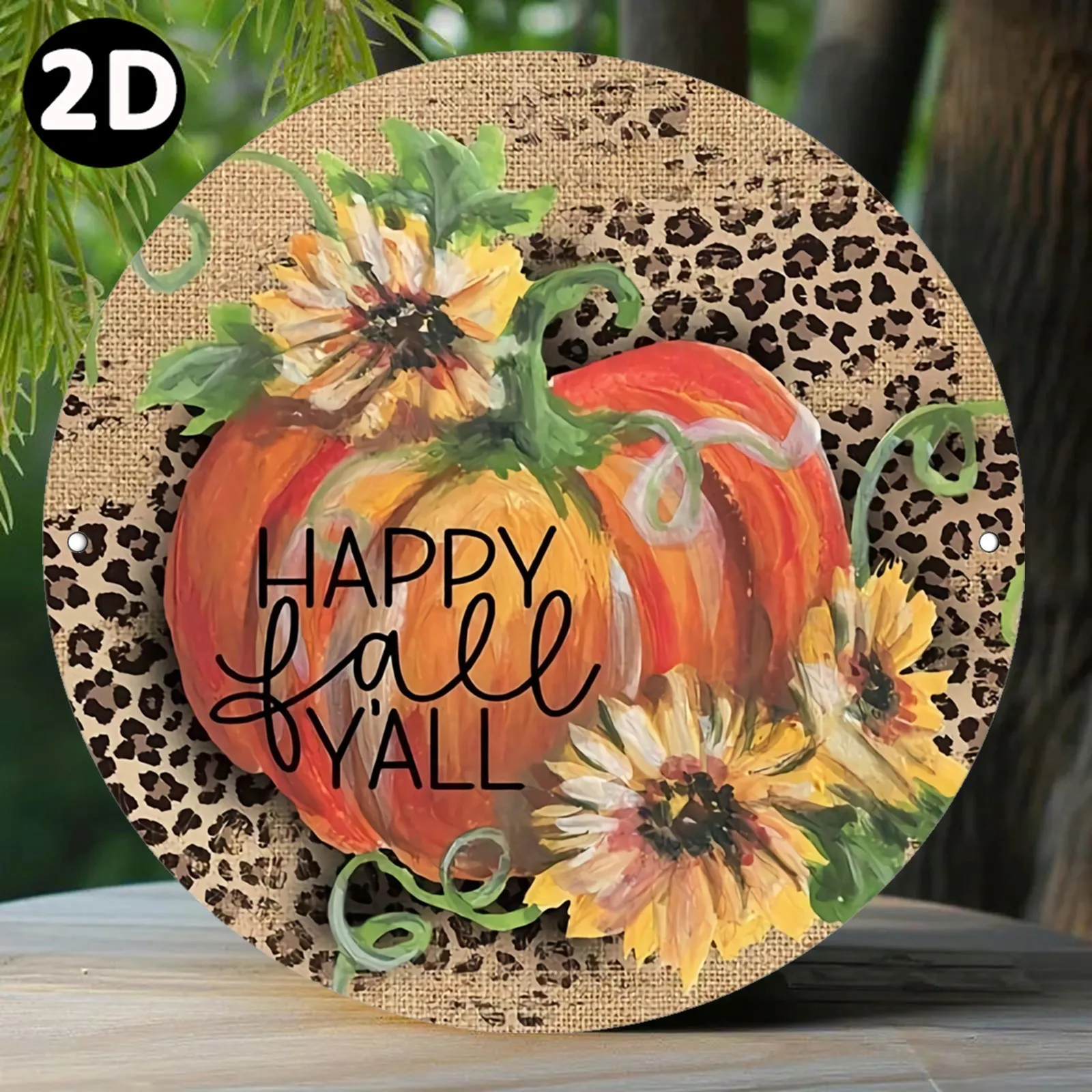 Vintage Round Metal Wall Plaque Hand Painted Style Autumn Pumpkin Sunflower Wreath with Happy Fall Y All Sign Rustic Burlap
